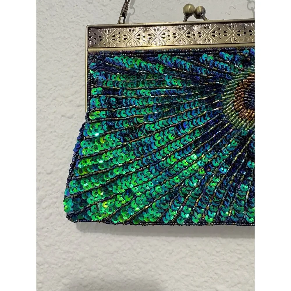 Peacock Beaded Sequin Handbag Chain Purse Coin Purse